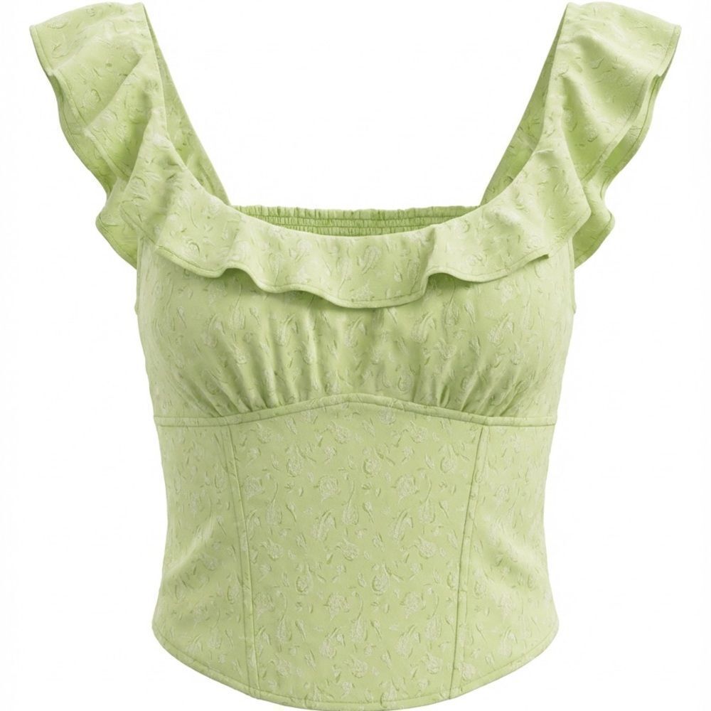 FREE PEOPLE WOMENS LIME COLORED FLORAL PRINT RUFFLED BLOUSE SIZE M